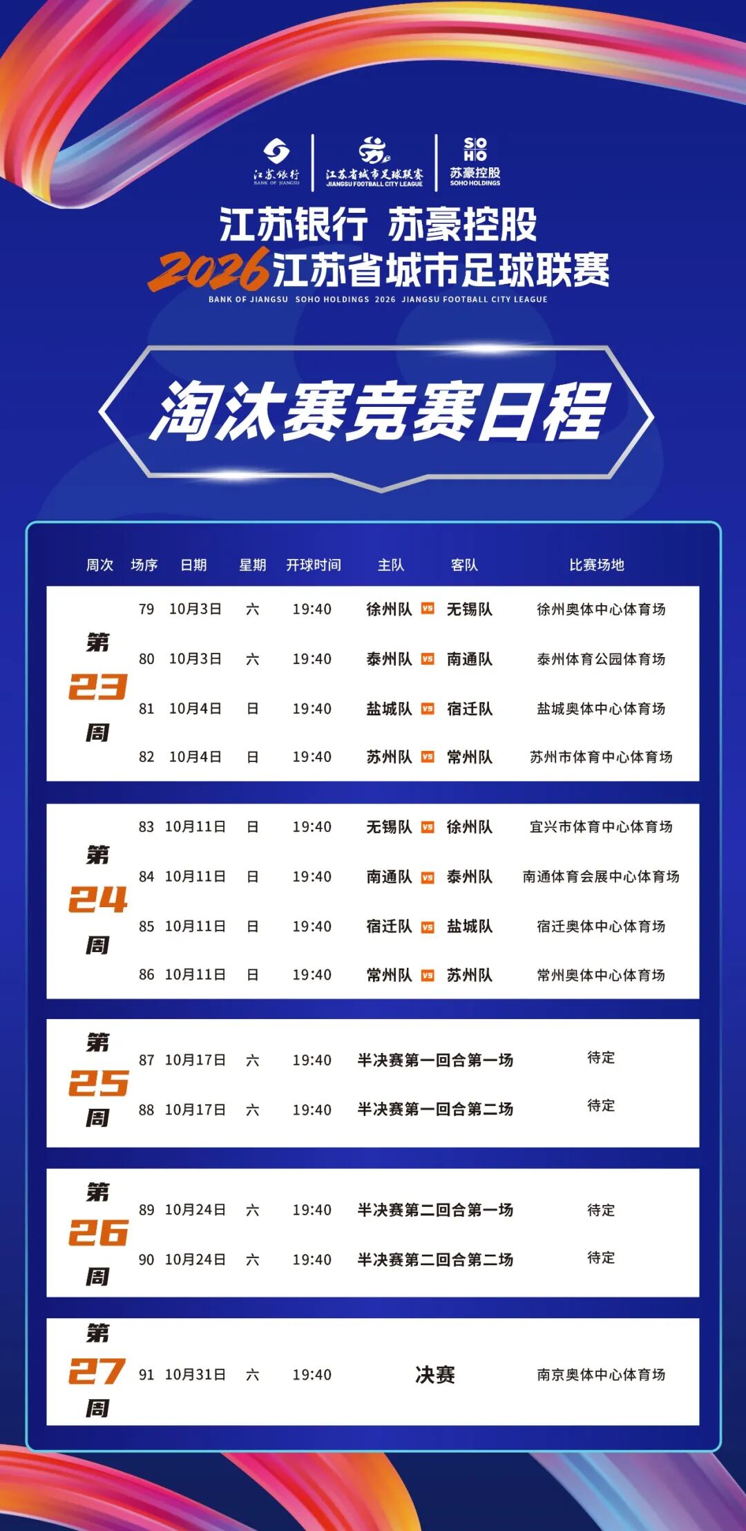 2026“苏超”淘汰赛竞赛日程。
