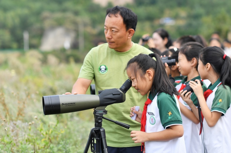 2026年9月28日,在山东省青岛市城阳区野生动植物保护协会开展的“守护自然”生态实践活动上,夏庄街道源头小学的学生在进行观鸟实践。