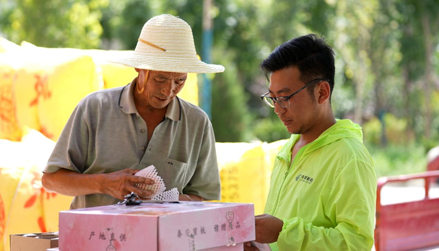 8月,邓坪村桃农在寄递点打包蜜桃。秦安县委宣传部供图